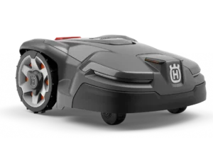 Husqvarna Automower 415X robotic mower isolated product view – front angle with LED lighting