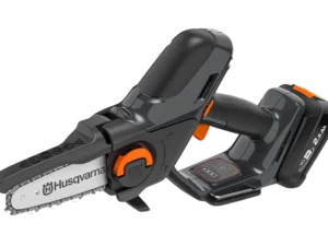 Angled front view of the Husqvarna Aspire P5-P4A cordless pruning saw showing cutting blade, chain guard, trigger, and 2.5Ah battery.