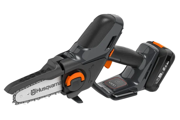 Angled front view of the Husqvarna Aspire P5-P4A cordless pruning saw showing cutting blade, chain guard, trigger, and 2.5Ah battery.
