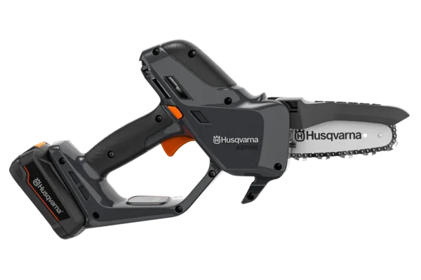 Side view of the Husqvarna Aspire P5-P4A cordless pruning saw with battery pack and ergonomic grip.