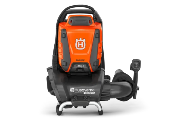 Front view of the Husqvarna 550iBTX3 battery-powered backpack blower with control handle and BLi950X battery