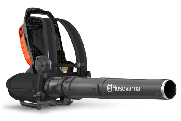 Side view of the Husqvarna 550iBTX5 battery backpack blower showing blower nozzle and harness system
