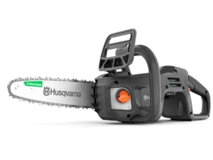 Front view of the Husqvarna Aspire C15X-P4A cordless chainsaw with visible safety guard, ergonomic front handle, and X-Precision bar.