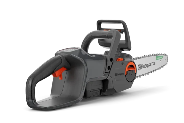 Rear and side view of the Husqvarna Aspire C15X-P4A8 cordless chainsaw showing ergonomic handle, trigger, and X-Precision bar.