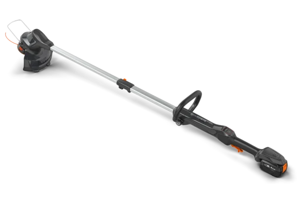 Full view of the Husqvarna Aspire T28-P4A cordless grass trimmer showing shaft, loop handle, and battery pack.
