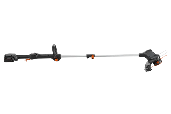Side view of the Husqvarna Aspire T28-P4A cordless grass trimmer with battery and charger