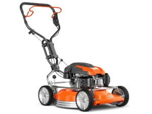Side view of the Husqvarna KLIPPO LB 553SQe petrol lawnmower showing ergonomic handle and durable chassis