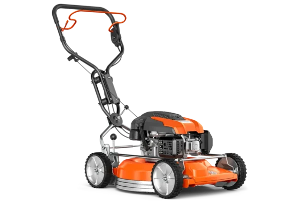 Side view of the Husqvarna KLIPPO LB 553SQe petrol lawnmower showing ergonomic handle and durable chassis