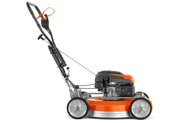 Side view of the Husqvarna KLIPPO LB 553SQe2 petrol mulching lawnmower with ergonomic handle and durable wheels