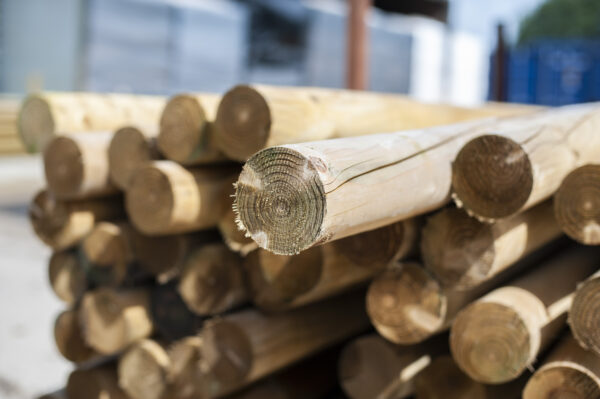Close-up of round timber poles stacked on-site with clean saw-cut ends and smooth pressure-treated surface