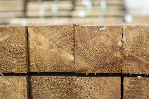 Close-up of pressure-treated square timber posts stacked neatly with visible wood grain and end cuts