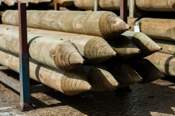 Stacked pointed round timber fence posts ready for agricultural and landscaping use