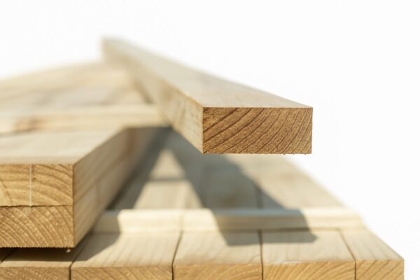 Smooth sawn treated timber rail stacked on white background for fencing or landscaping