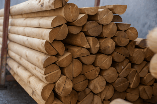 Stacked half round timber rails for fencing, edging, and garden projects