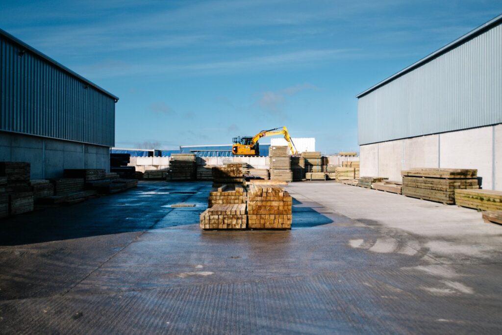 R&L Miller timber yard in Ayrshire with stock of strainer posts, sleepers, and agricultural timber supplies