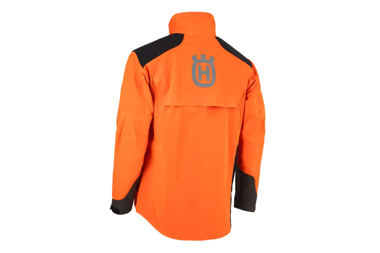 Back view of Husqvarna Technical Brushcutter and Trimmer Jacket showing reflective logo and rear ventilation from R and L Miller Ayrshire