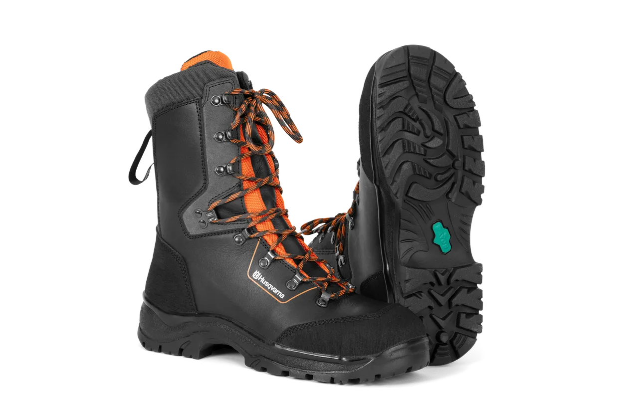 Husqvarna Classic protective leather boots with saw protection for forestry and chainsaw safety from R and L Miller Ayrshire