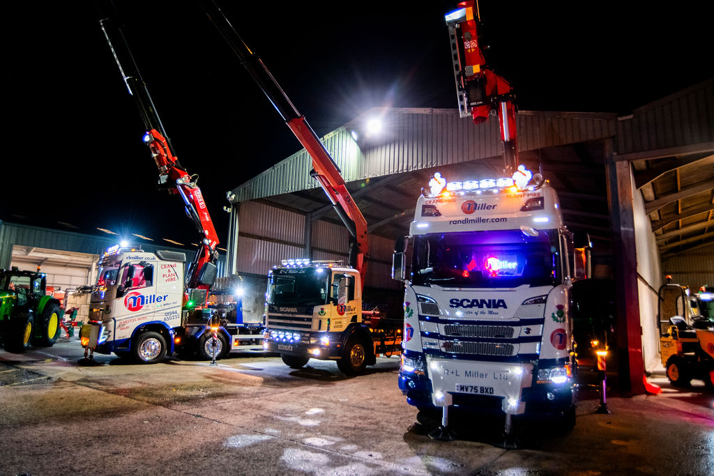 R and L Miller Scania R560 HIAB crane lorry with plant transport equipment
